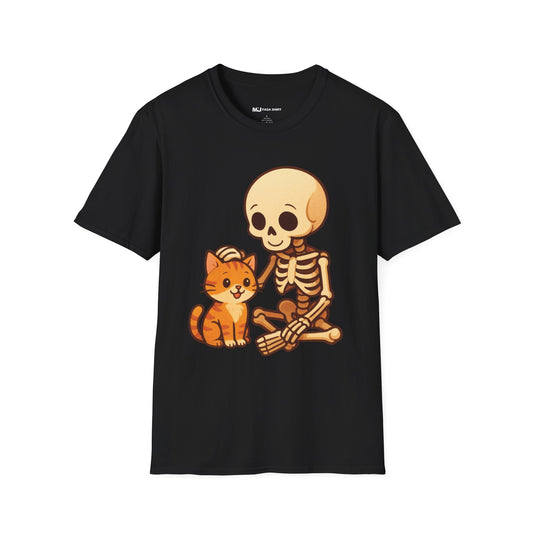 Skeleton & Cat T-Shirt | Cute Spooky Pet Lover Tee