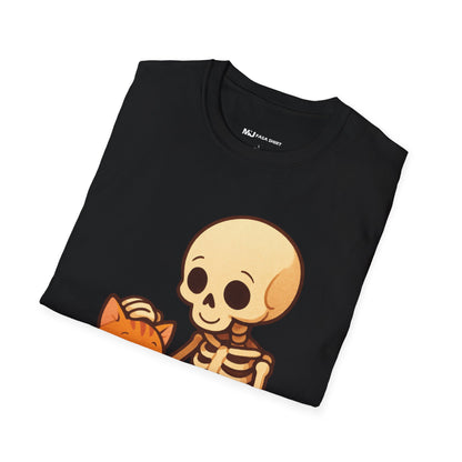Skeleton & Cat T-Shirt | Cute Spooky Pet Lover Tee