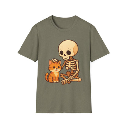 Skeleton & Cat T-Shirt | Cute Spooky Pet Lover Tee
